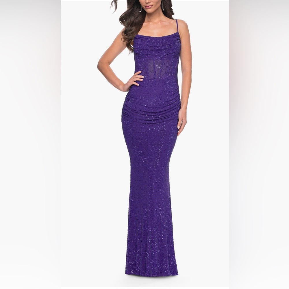 La Femme Indigo evening gown with rhinestones